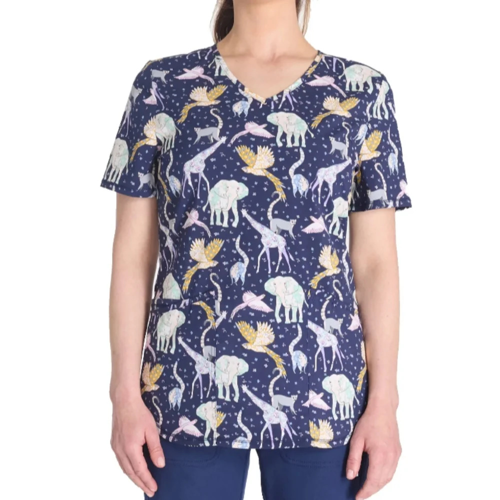Scrubstar Women's Size L Magical Menagerie V-Neck Print Scrub Top Navy Blue NWT